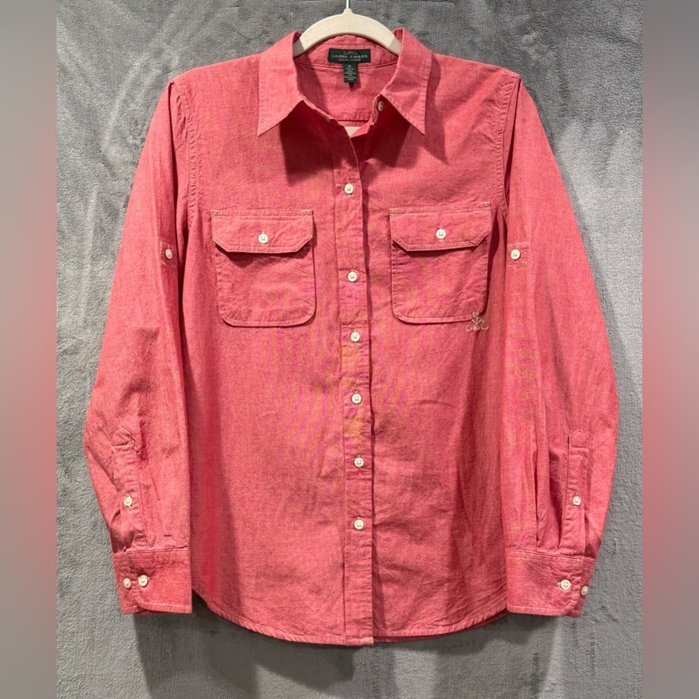LRL Ralph Lauren Jeans Co Button Down Shirt Women’s M Red Embroidered Logo